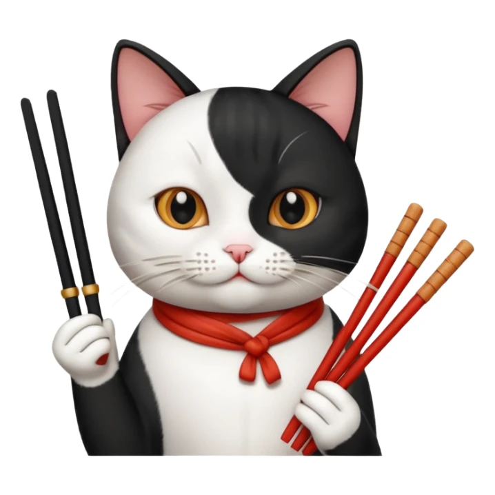 Black and White Cat holding a Chopstick with Kimchi sticker