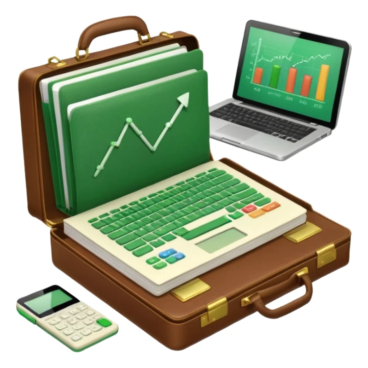 An open book with a graph and financial charts, a briefcase, a calculator, and a laptop nearby. The icon should represent the world of business, finance, and professional growth. Green color scheme. sticker