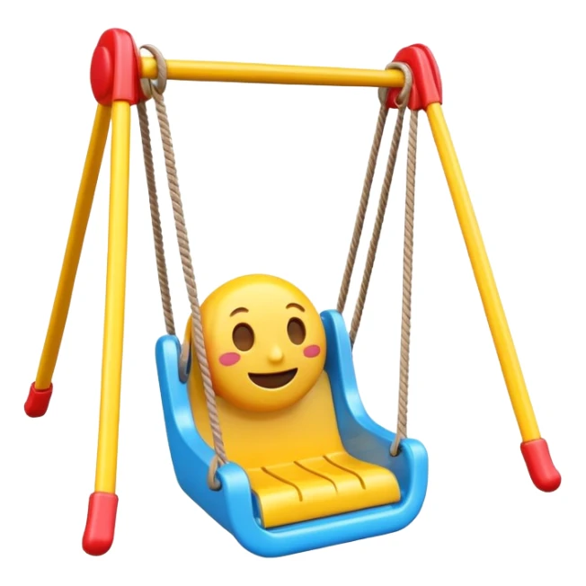 iOS-style 3D emoji: a colorful plastic swing with a safety bar in front, hanging from two ropes, glossy surface and soft shadows sticker