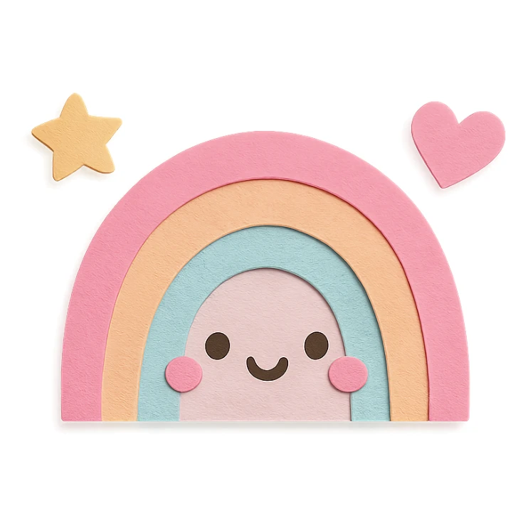 kawaii tiny rainbow with floating star and heart around, no arms, no legs, transparent background, full body, soft pastel kawaii paper craft style sticker