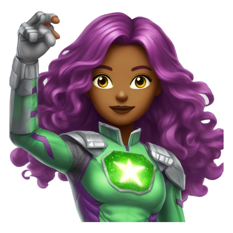 dc comics starfire glowing green eyes red long hair, purple and silver spacesuit with no helmet green jewels sticker