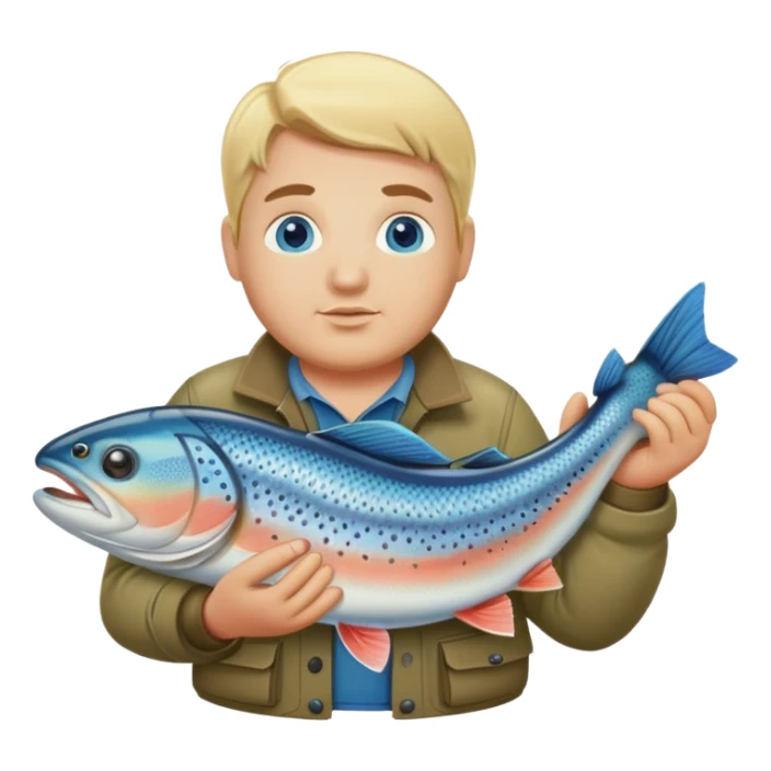 Pêcheur blond avec bouc  grassouillet yeux bleus et présentant truite sticker