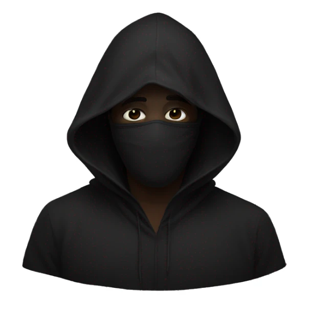 a man in a black cloth mask covering his face and a black hood sticker