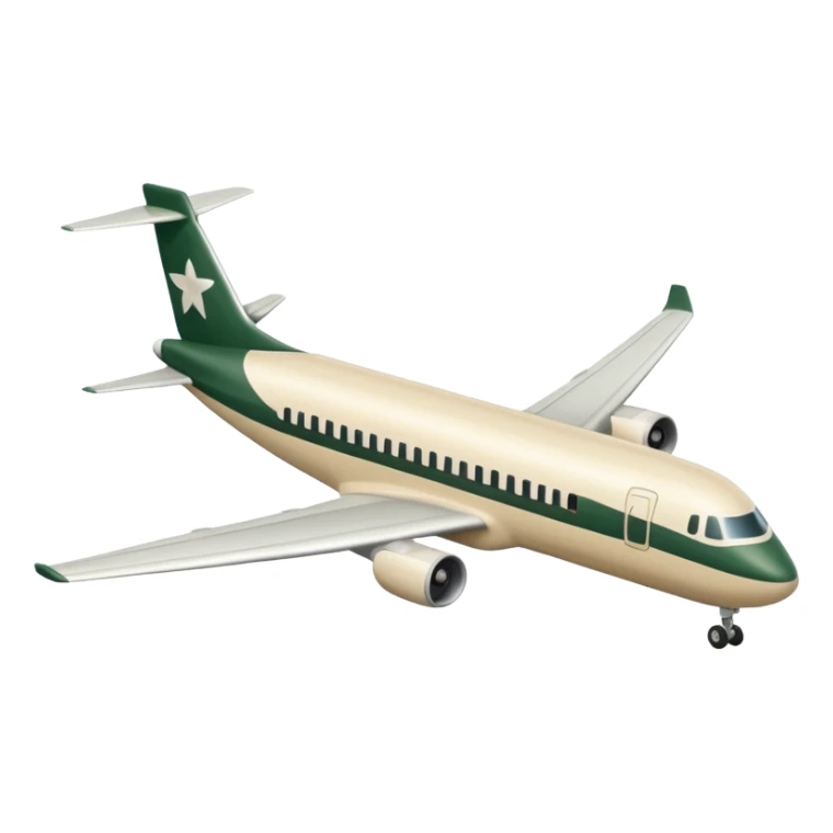 passenger airplane with long fuselage, main color light beige (milky), only dark green (#173e12) details, no other colors, Apple emoji style, no text sticker