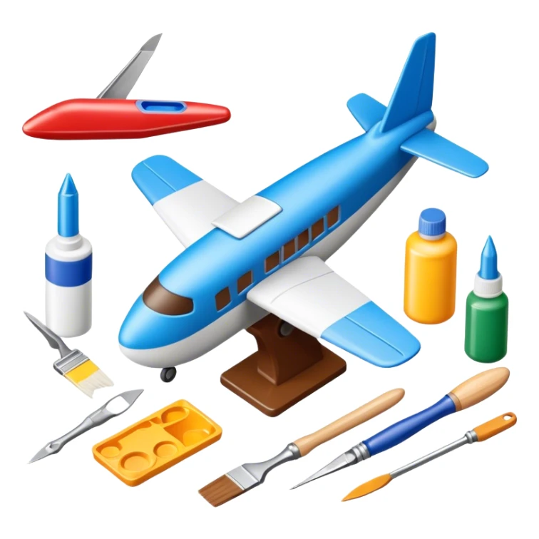 photorealistic icon featuring model-building tools like glue, paint, paintbrushes, pieces of a plastic model airplane in the process of being assembled. The design includes detailed textures of the model pieces and tools, capturing the focus and creativity of model building. Transparent background. sticker