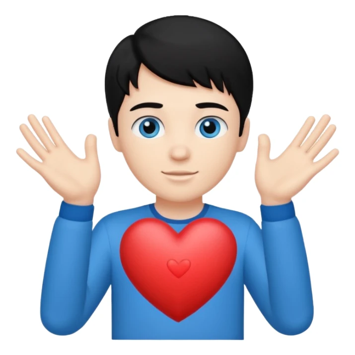 White boy with black hair holding up heart hands sticker