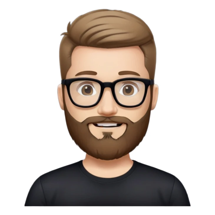 Fair-skinned man with full beard, short hair styled upward, large black-framed glasses, smiling, wearing black athletic fabric shirt sticker