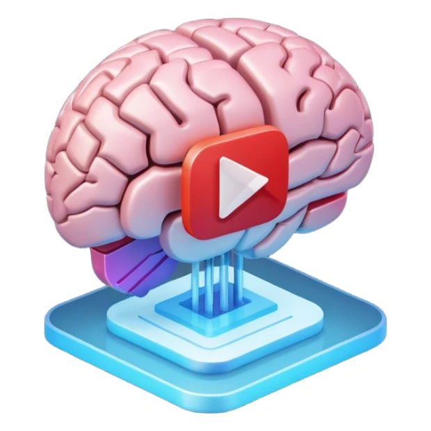 3D icon design, brain with YouTube play button symbol integrated into brain structure, glassmorphism style, soft shadows, gradient colors, modern app icon aesthetic, isometric view sticker