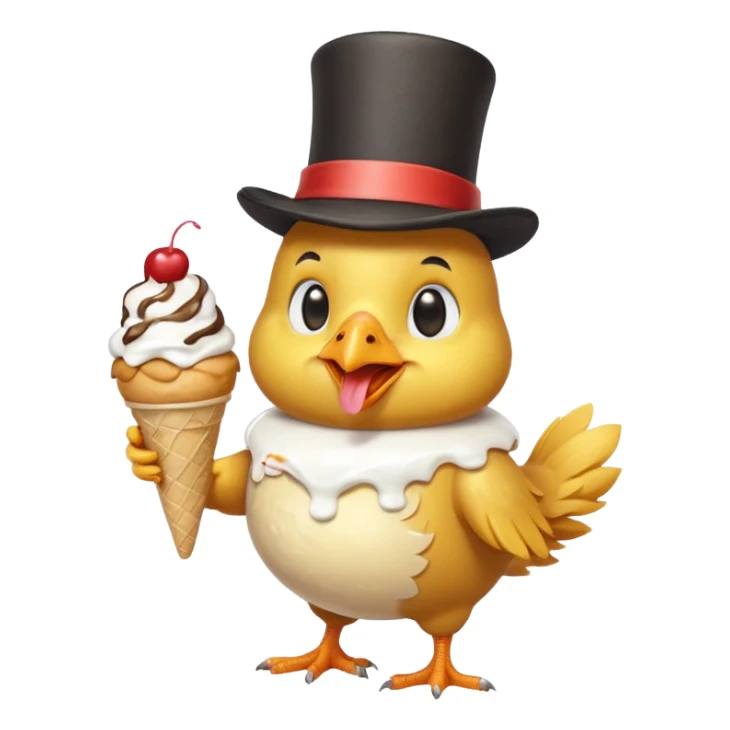 cute chicken dressed in overalls and a top hat, enjoying an ice cream sundae sticker