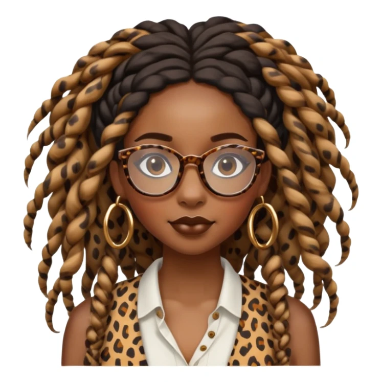 black girl with long boho twists that wears big cheetah print glasses sticker