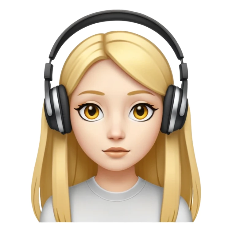 A white skinned girl with a three-dimensional face shape from Europe and America has long, straight golden center part hair Wearing headphones Upperhung eyeliner and two earrings sticker