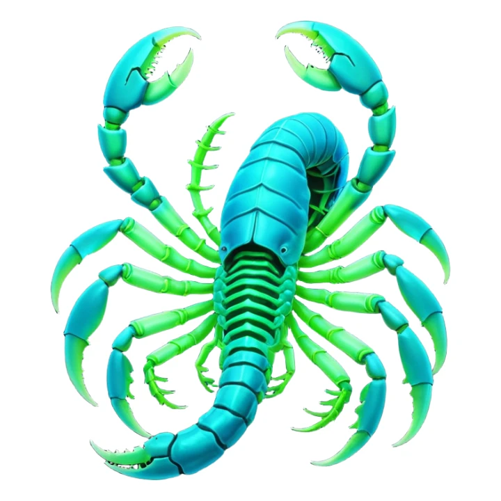 3D render of Radioactive Scorpion, bioluminescent deep sea style, glowing neon blue and green lights, dark background to contrast the glow, translucent organic textures. sticker