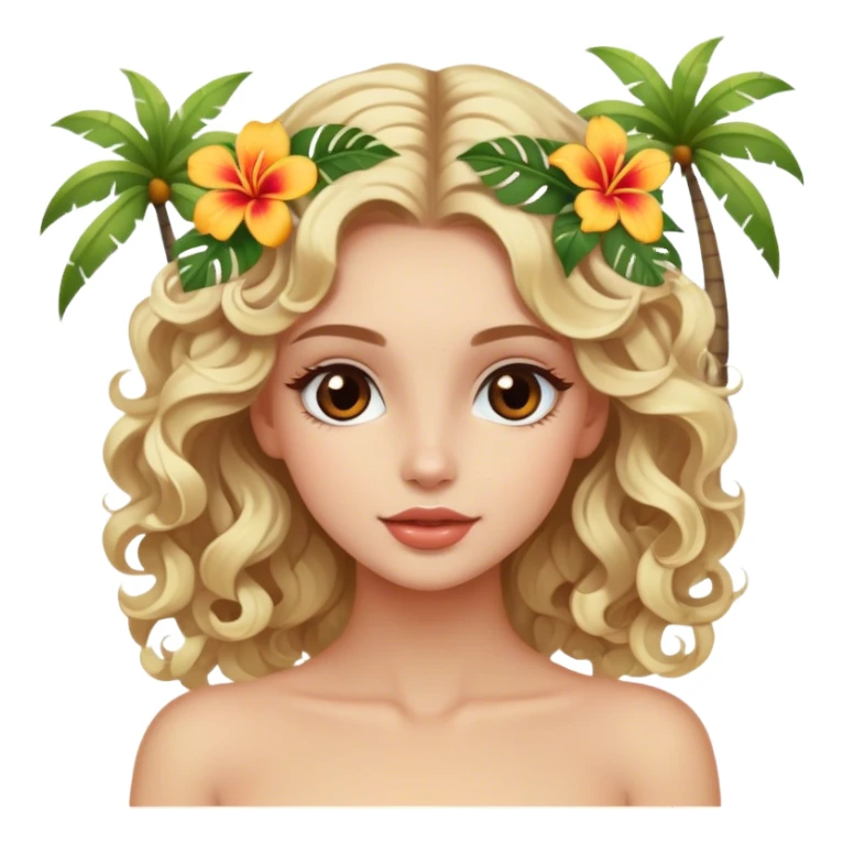 Luxury blonde model, brown eyes, soft curls, island vacation, tropical hair flowers sticker
