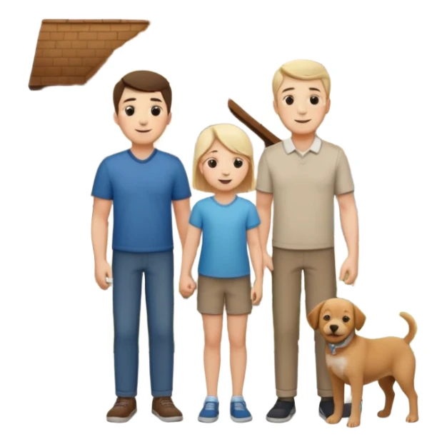 1 Father 1 Mother and 1 young boy who is half as tall as the parents, standing in front of their house with a dog next to them sticker
