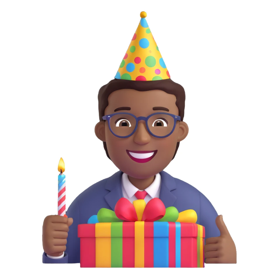 Create a 3D emoji style image of a slender African American man, smiling and celebrating a birthday. He is wearing a party hat and glasses in a festive atmosphere. Keep the glasses and party hat visible and prominent. sticker