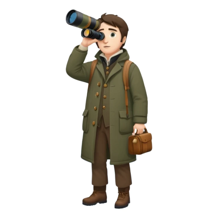henry David thoreau full body looking up  birdwatching with binoculars in snow sticker