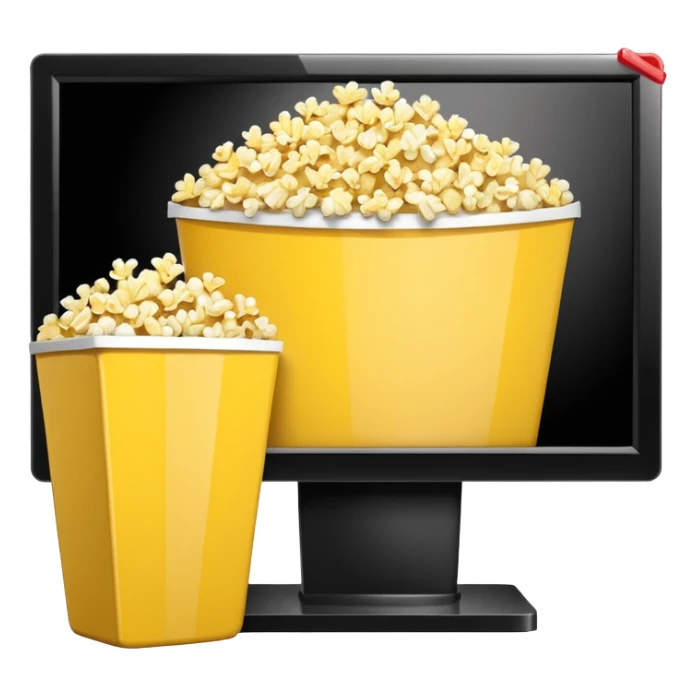modern flat screen TV with a popcorn bucket beside it, high definition, crisp edges sticker