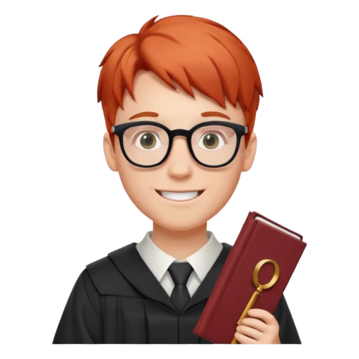 happy graduate, red-haired white boy with glasses, holding diploma sticker