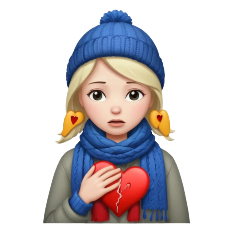 woman broken hearted, looking down sad, about to cry. holding her heart breaking, wearing a winter outfit sticker