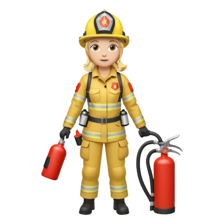 Firefighter with respiratory protection, blonde female, with fire extinguisher sticker