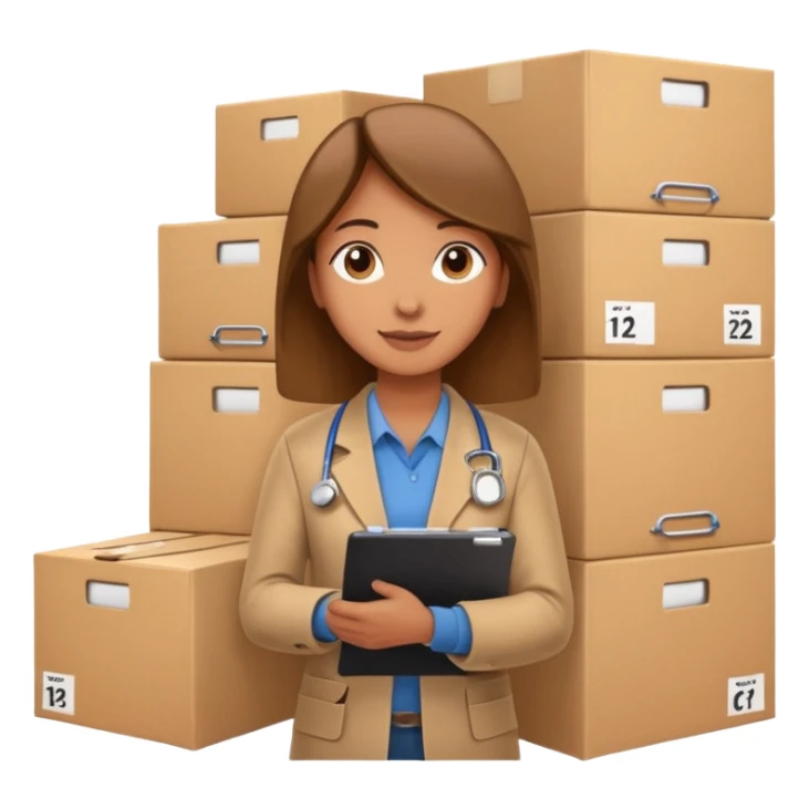 A person holding a clipboard with checklist marks next to stacked boxes, indicating stock or inventory management. sticker