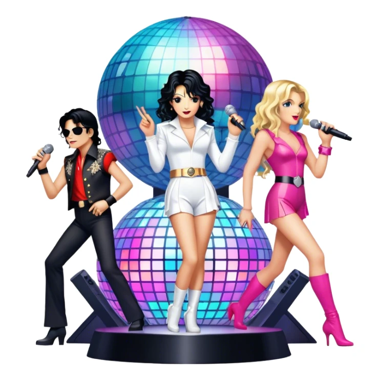 Pop music icon: vibrant stage with bright lights, microphone, synthesizer, disco ball. Collage of famous pop artists—Michael Jackson, Madonna, Britney Spears, and Taylor Swift—symbolizing iconic eras. Energetic and dynamic. Transparent background. sticker