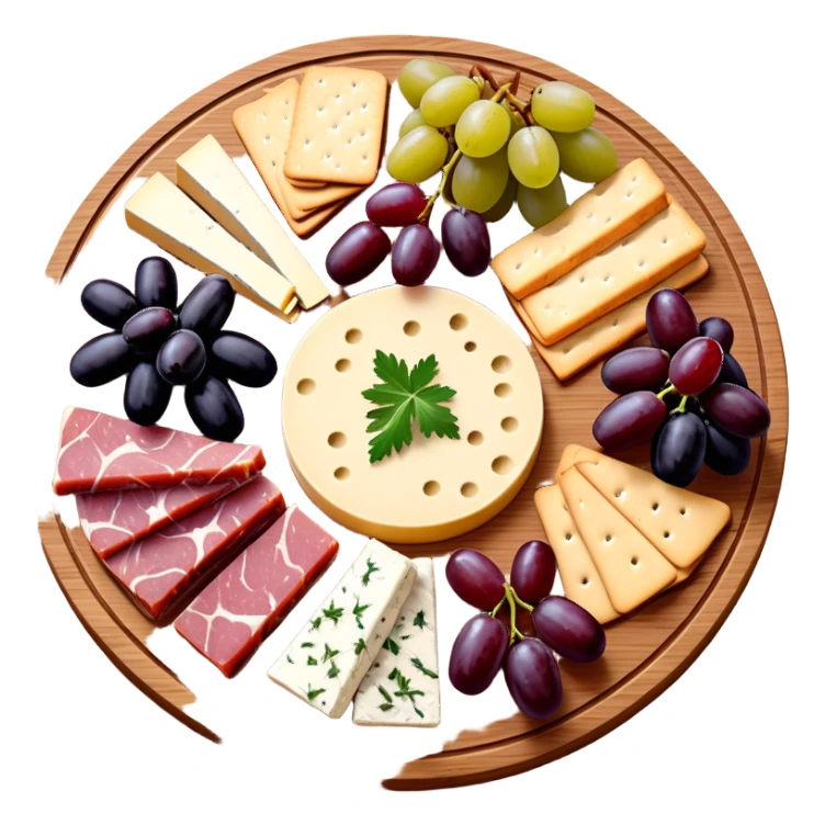 Delicious charcuterie board with assorted cheeses, meats, crackers, grapes, and olives arranged beautifully on a wooden board sticker