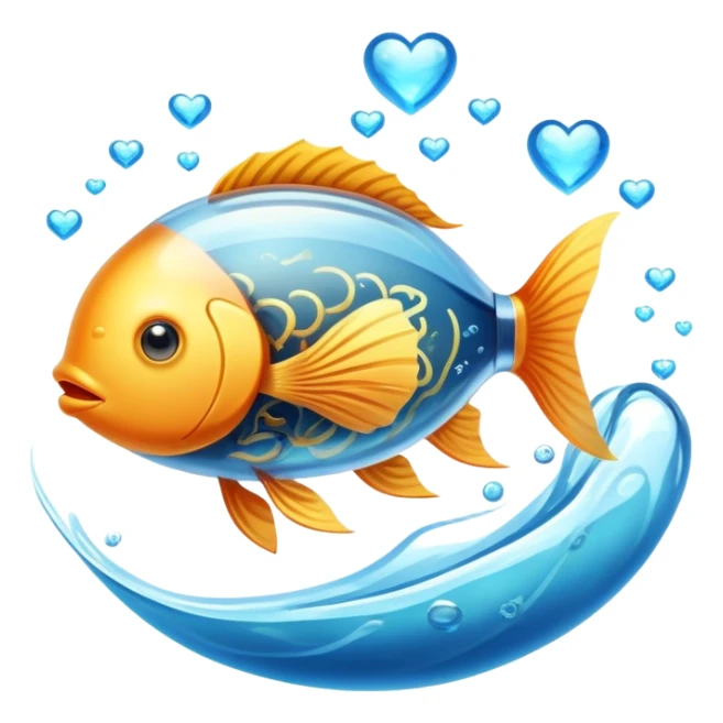 Golden fish in blue water transforming into an omega-3 capsule, with ethereal energy connecting to a heart and brain, showing the origin of omega-3 from fish sticker