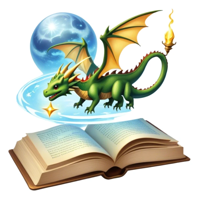 Icon for Fantasy and Sci-Fi Reading: an open book with magical creatures like dragons and fairies flying out, with a futuristic spaceship in the sky and a wizard casting spells. The icon should represent the magic and adventure of fantasy and science fiction worlds. Transparent background. sticker