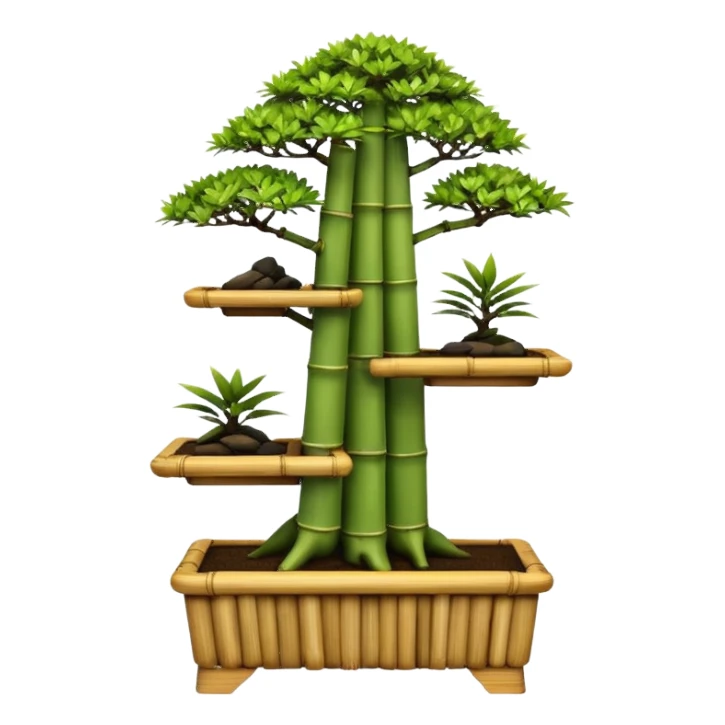 Three tiered bonsai planters stand, shelving holding six specimens,made of inch thick bamboo  sticker