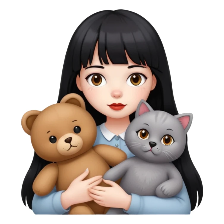 girl,white face,black eyes,red cheeks,long black hair with bangs,holding a British grey cat and a brown teddy bear sticker