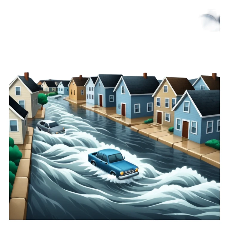 showing a flood disaster scene with strong water waves overflowing streets, partially submerged houses and cars, dark cloudy sky sticker