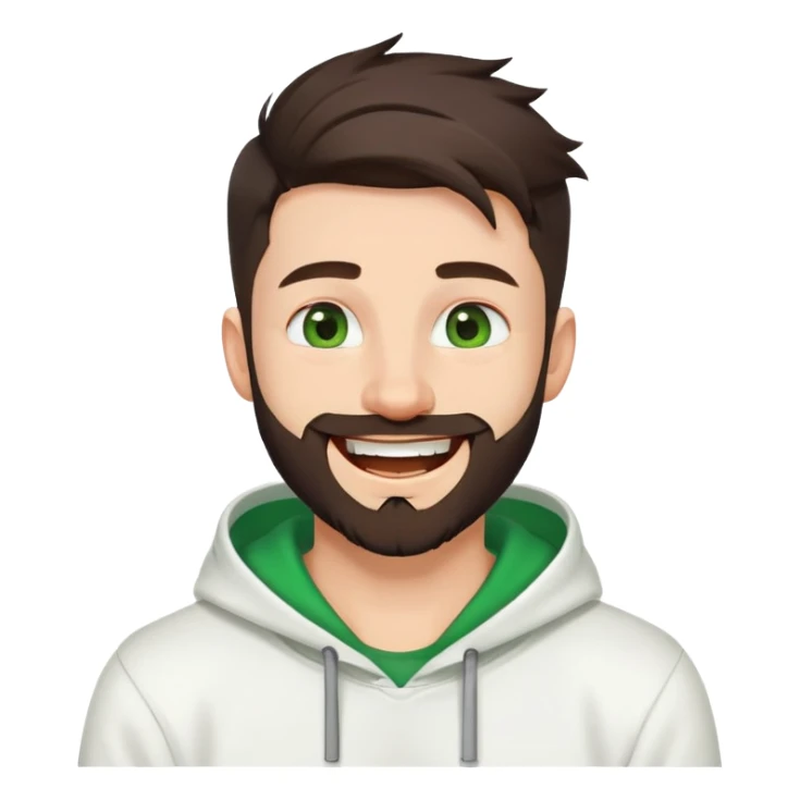 laughing guy with white hoodie, white t-shirt underneath, green eyes, dark brown undercut hairstyle and a short full beard sticker