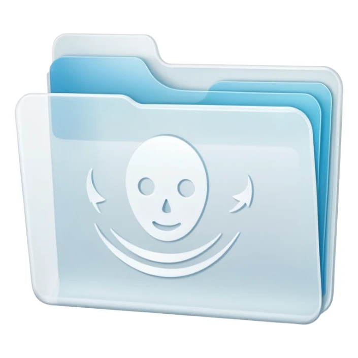 A simple icon of a transparent white plastic folder, minimal and clean, with rounded corners, subtle translucency, soft shading, and a small self-care, skincare, routine documents symbol on the front sticker