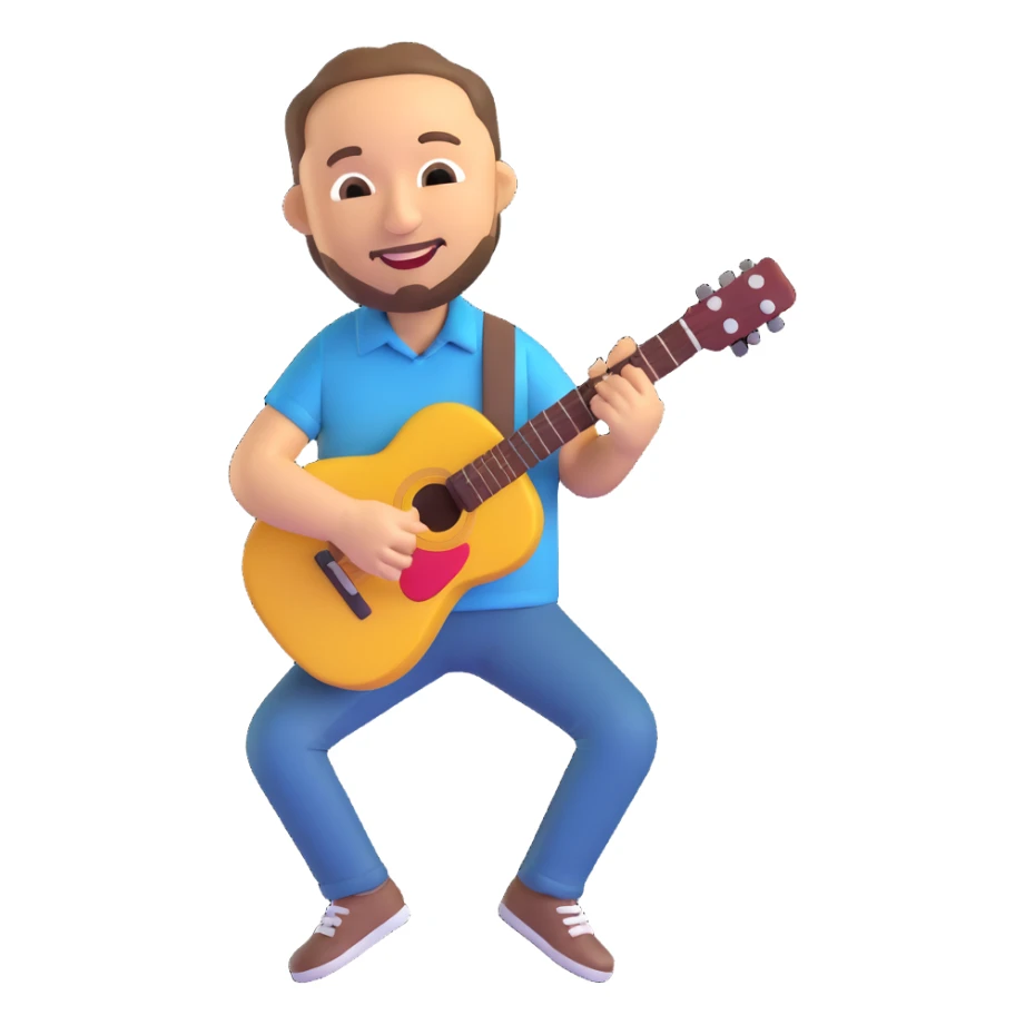 Ruben Blades emoji, playing guitar, casual shirt, joyful expression sticker