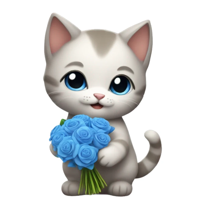 a fat kitten holding a blue bouquet of flowers sticker