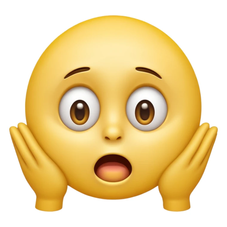 A 3D glossy yellow emoji face with a horrified expression, only large wide-open eyes, wide-open mouth, raised eyebrows, no nose, hands against its cheeks, vector style, black background, high quality, soft studio lighting sticker