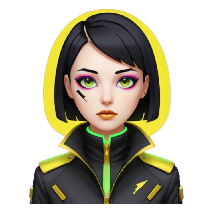 Cyberpunk woman, sleek black bob, gold neck cyberware, sharp eyeliner, high-collar designer jacket, neon lighting sticker