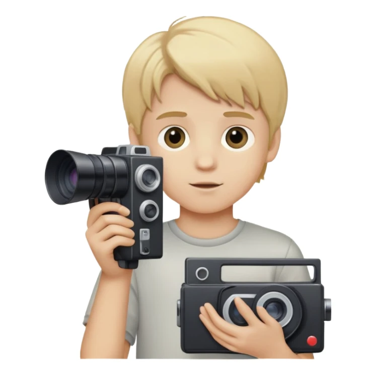 boy with medium blonde hair holding a VHS camera sticker