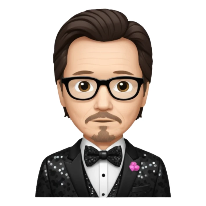 Gary Oldman with dark brown hair hair, black sequin suit with bow tie sticker
