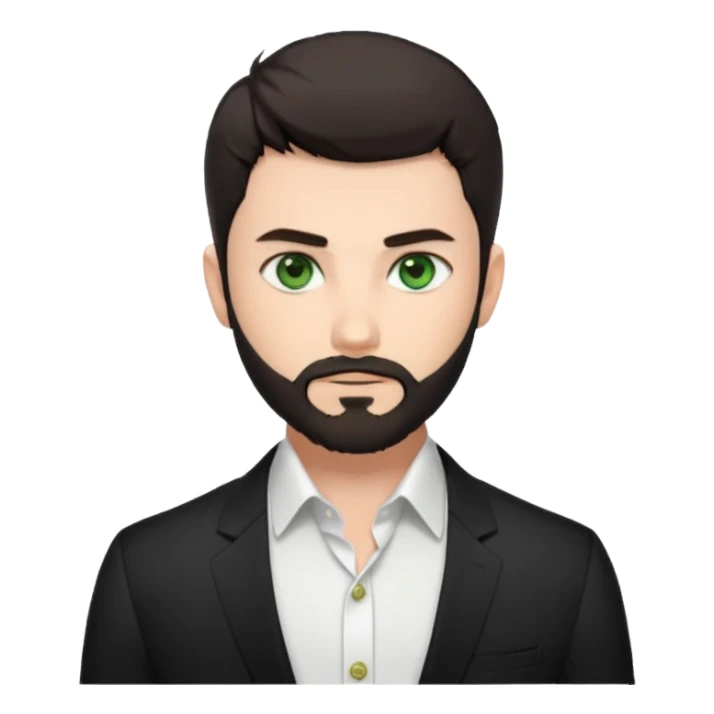 Man with a short full beard, Styled hair, Best looking man in the planet, onepiece style dark hair, green eyes, more anime style more maskulin. Wearing a white formal shirt, first buttons open macho style sticker