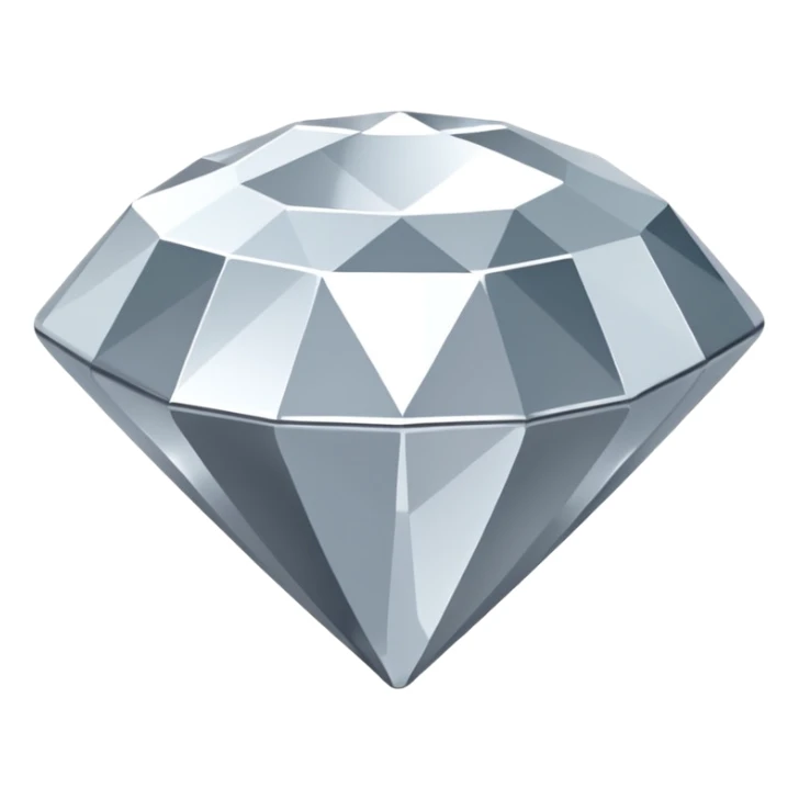 A faceted diamond emoji made of silver chrome, smooth reflective surfaces, soft metallic shine, minimalistic and clean design, iOS emoji style, centered on white background, soft studio lighting sticker