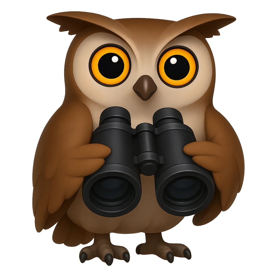 Сова держит в крыльях бинокль и смотрит прямо на зрителя, прозрачный фон sticker