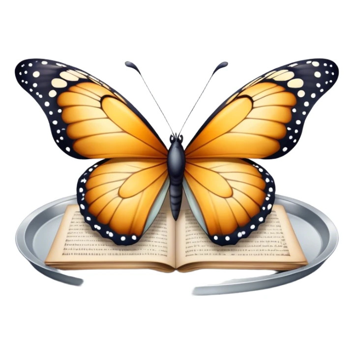 A butterfly balanced on a silver tray of old letters.
 sticker