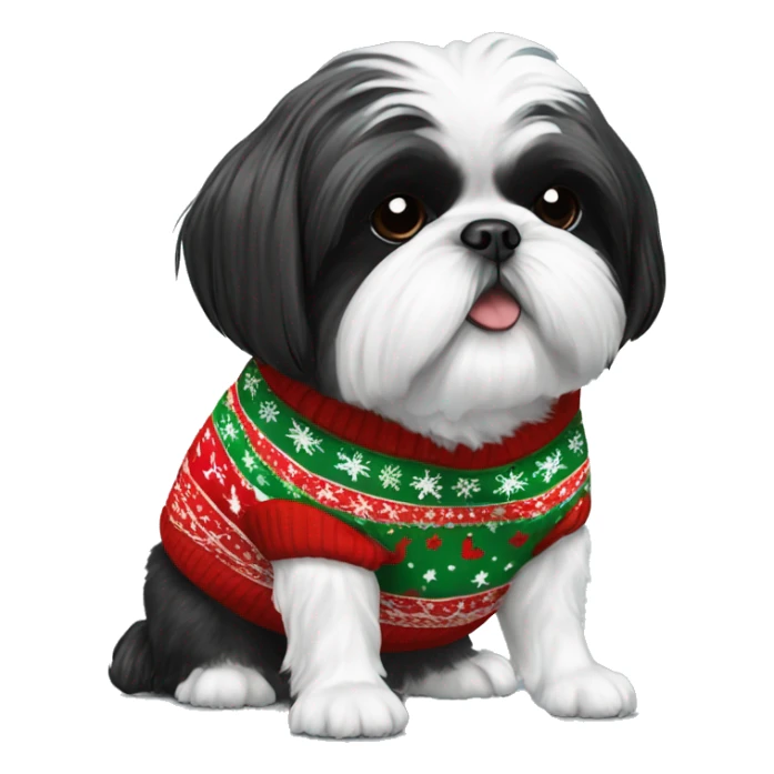 black and white shih tzu wearing a christmas jumper sticker
