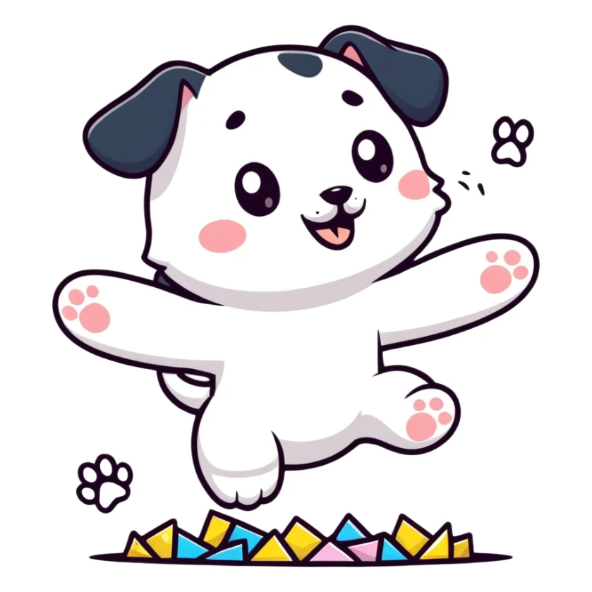 puppy jumping in confetti with paw up sticker