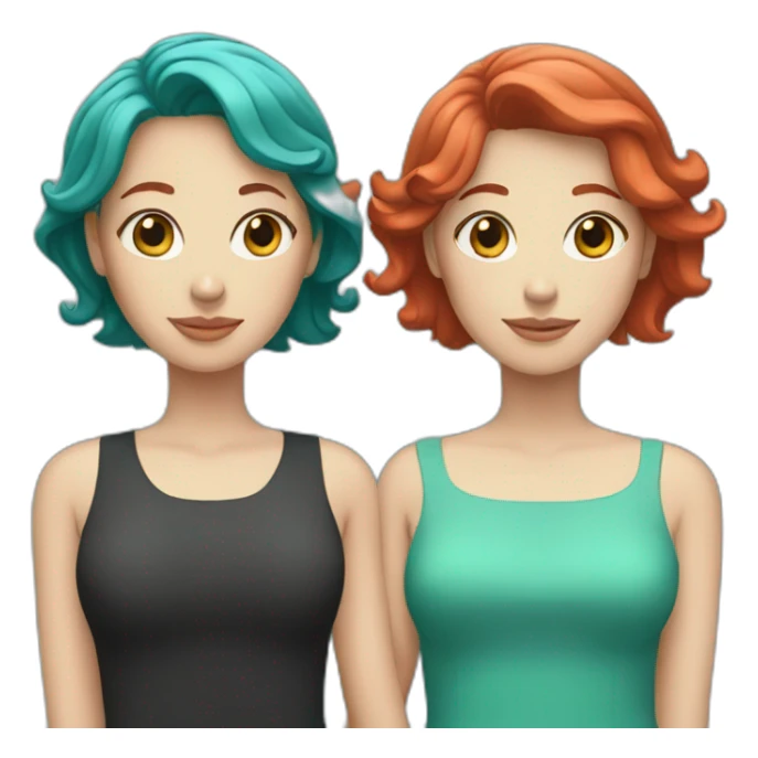 Two white women holding hands, one with medium length red hair, one with short teal hair sticker