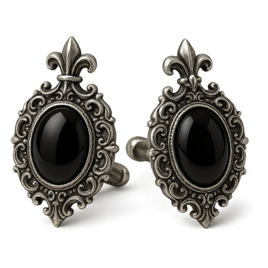 Aristocrat goth cufflinks, silver, black onyx, ornate design sticker