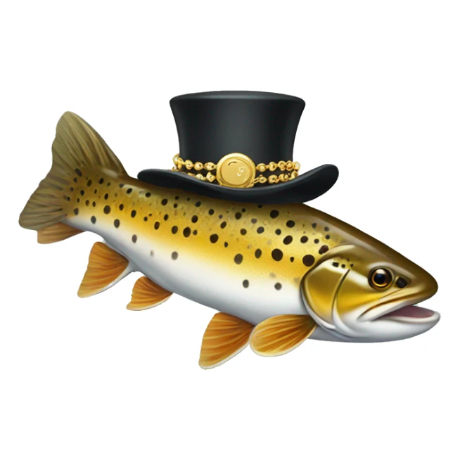 Brown trout wearing a top hat and gold chain sticker