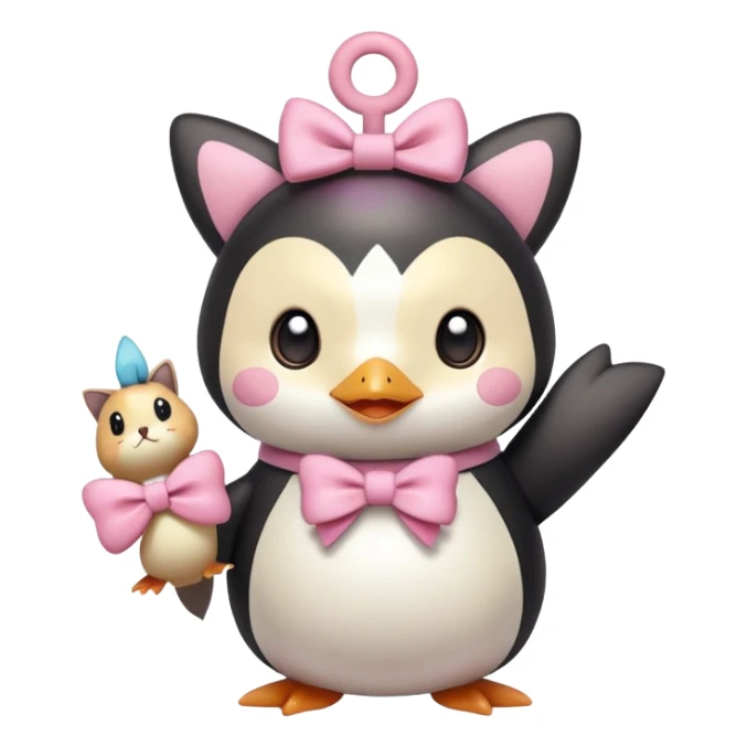 pinguin holding meow pokemon with pink bow sticker